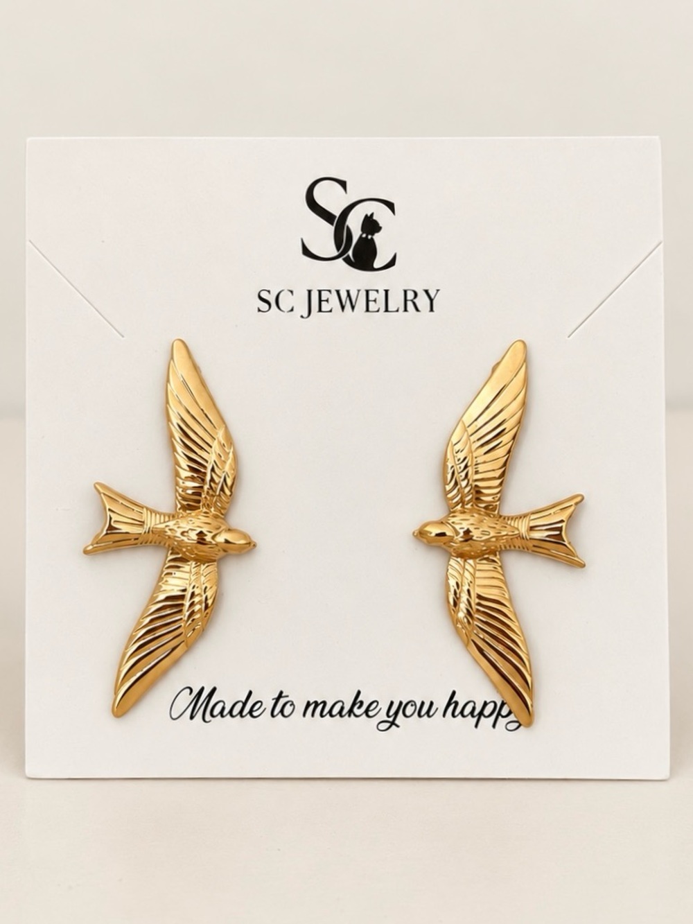 Anthropologie Style Gold Swallow Bird Earrings Stainless Steel Statement Jewelry